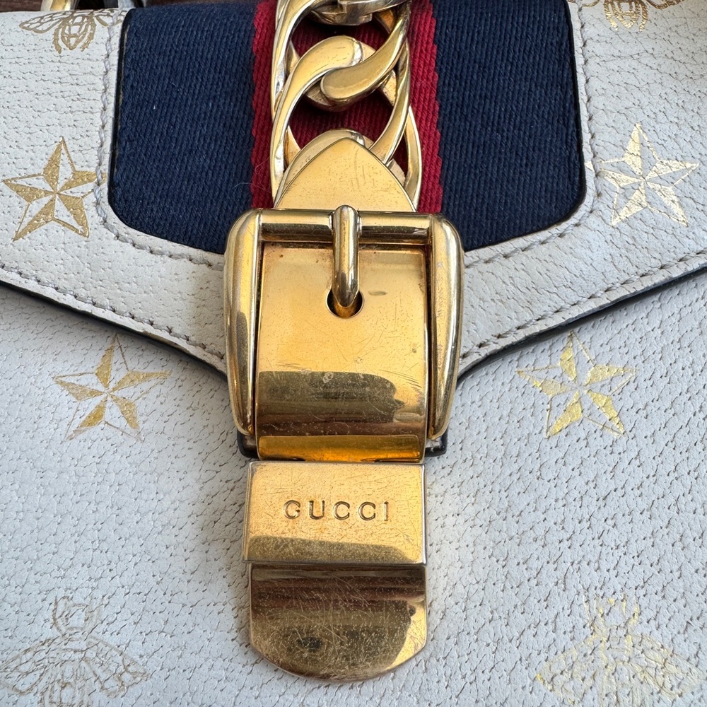 Gucci Web Sylvie Crossbody Bag with Striped Strap, bow and leather strep - Picture 6 of 8